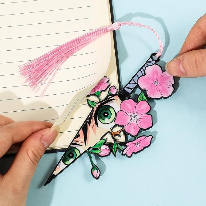 4-Piece Demon Slayer Metal Bookmark Set, Tanjiro Nezuko Zenitsu Hashira Themed Sword Book Marks with Cherry Blossom & Tassel, Cool Anime Eye Bookmarks Gift for Anime Fans, Book Lovers(4pc)