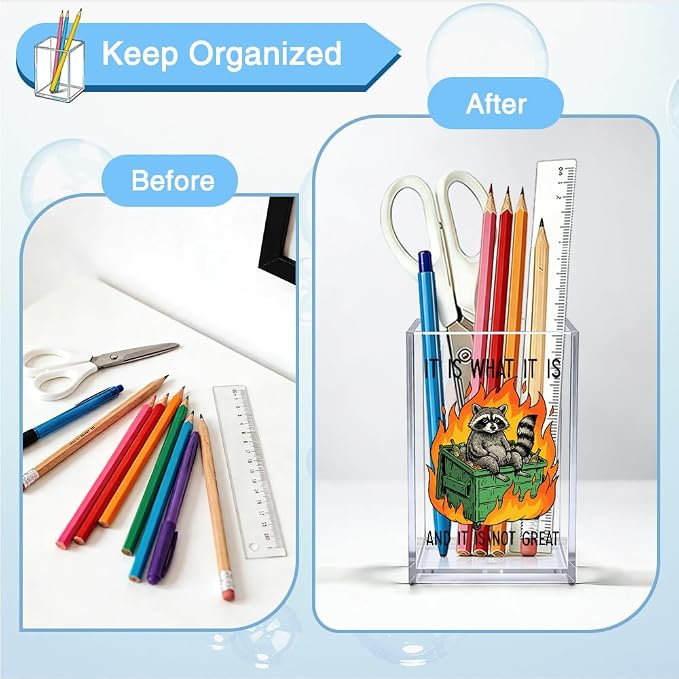 It Is What It Is and It Is Not Great Acrylic Organizer Pencil Pen Holder, Funny Raccoon Humor Dumpster Fire Desk Organizer Gifts for Coworker Friend Burnout Office Worker