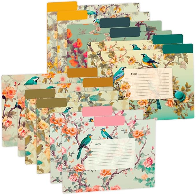 12pcs Decorative File Folders Birds Desing Letter Size, with Notes, Cute Folders with Floral Branches,1/3 Cut Tab, Matte Paper Archival Colored