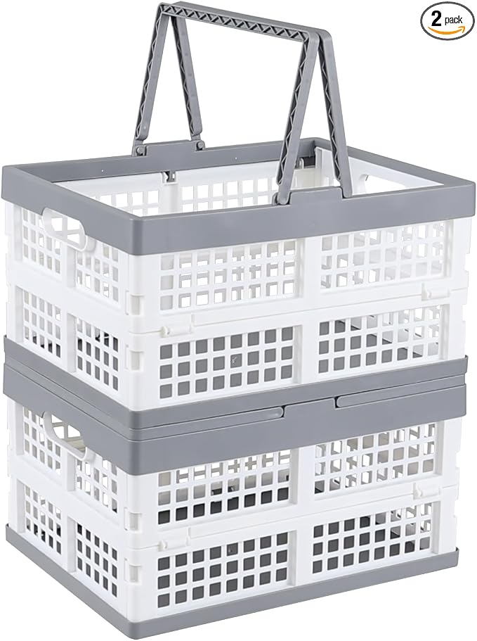 2-Pack Plastic Foldable Storage Crates with Handles,15 L Plastic Collapsible Storage Shopping Crates