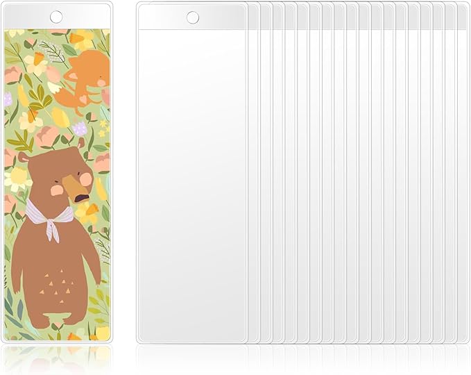20Pcs Bookmark Sleeves 7.2 x 2.4 Inch Clear Plastic Blank Bookmark Holder Photo Booth Frames Book Marker Cover with Hole for Students Reading Wedding Valentine’s Gift Party Favor