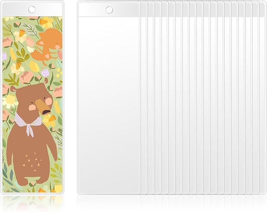 20Pcs Bookmark Sleeves 7.2 x 2.4 Inch Clear Plastic Blank Bookmark Holder Photo Booth Frames Book Marker Cover with Hole for Students Reading Wedding Valentine’s Gift Party Favor