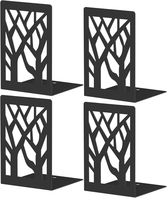 Bookends 4 Pieces, Tree Design Modern Metal Bookends for Shelves, Black Tree Book Ends Decorative Book Organizer for Desk, Decorative Shelve Book Stopper for Home Office