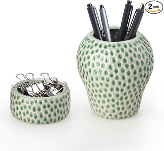 Ceramic Paper Clip Holder, Strawberry Pen Holder Set, Cute Pen Holder for Desk Storage Set of 2, Office, School, Home Decor(Green)