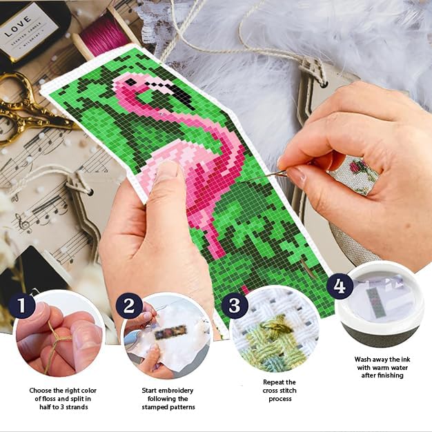 INFUNLY 6PCS Flamingo Cross Stitch Bookmarks Kit Pink Handmade Cross Stitch Bookmarks Make Time to Read DIY Cross Stitch Bookmark Set with Backing Felt Floss Instruction for Adult Book Lovers