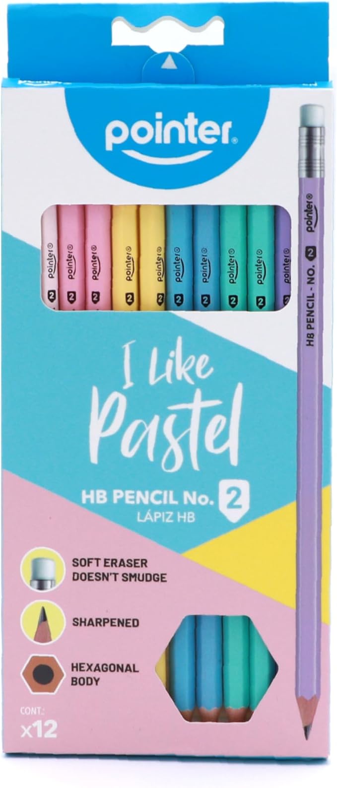 Pointer Pastel HB Pencils with Soft Eraser, Hexagonal Body, Pre-Sharpened, Assorted Colors, 12 Count