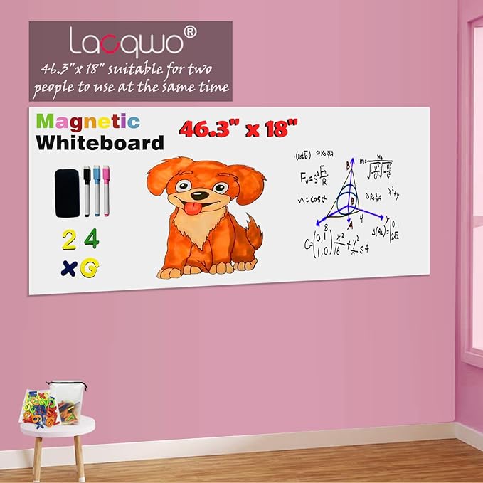 Magnetic Whiteboard Paper for Wall 46.3" x 18" Adhesive Magnetic Dry Erase White Board Sticker with 36 Magnet Letters 6 Markers for Office Removable Peel and Stick Whiteboard Wallpaper Roll