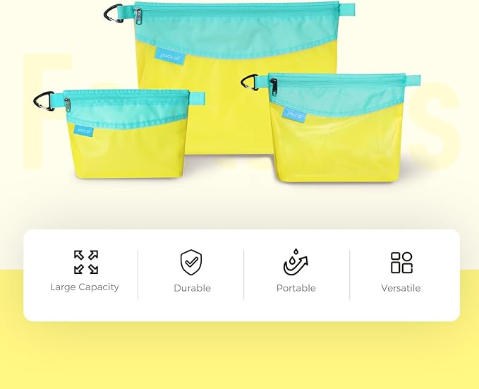 pack all 3 Pcs Water-Resistant Material Zipper Pouch Set, Mesh Zipper Bags for Storage, Travel, Office (Yellow)