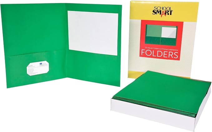 School Smart Extra-Large Folders with Pockets, 9 x 12 Inches, Green, Pack of 25