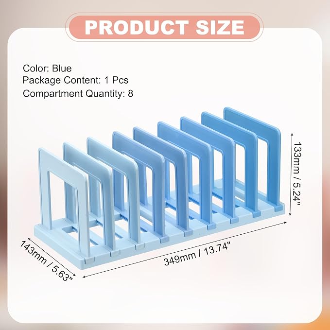 PATIKIL Desk File Sorter, 8 Section Plastic Desktop File Folder Vertical Dividers Mail Letter Organizer Magazine Holder Rack Stand for Home Office Classroom Library Bookshelf, Blue