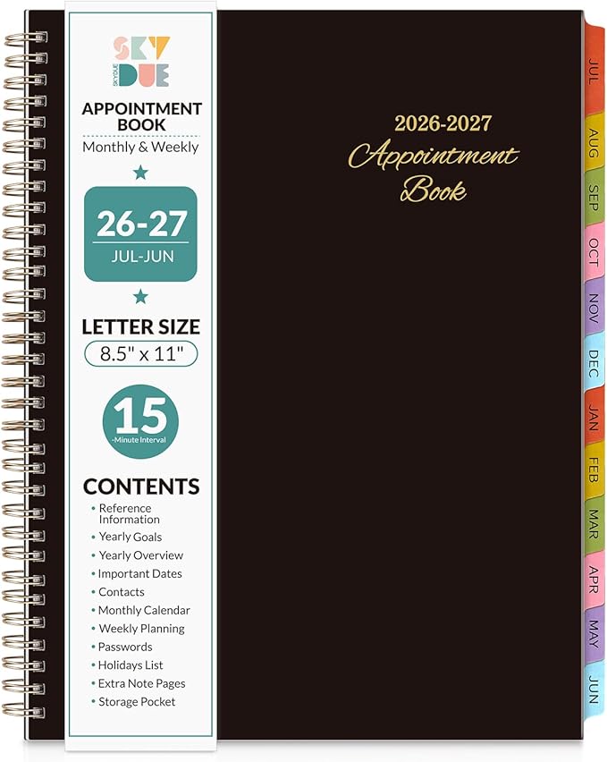 SKYDUE Appointment Book 2026-2027, Academic Hourly Planner from July 2026 - June 2027, 8.5" x 11" Weekly & Monthly Schedule Planner with 15-Minute Interval- Perfect for Daily Planning Black