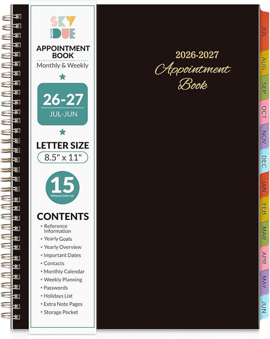 SKYDUE Appointment Book 2026-2027, Academic Hourly Planner from July 2026 - June 2027, 8.5" x 11" Weekly & Monthly Schedule Planner with 15-Minute Interval- Perfect for Daily Planning Black