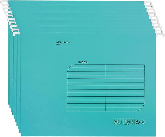 Hanging File Folder, A4 Suspension Files Holder, Hang Folder, Filing Cabinet Suspension File with Tab and Label for School Home Office, Blue, 25 Pack