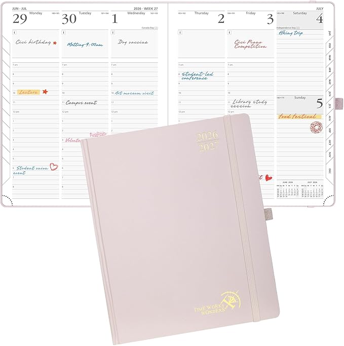 POPRUN 2026-2027 Academic Planner, Large Size 8.5" x 10.5", Weekly and Monthly Calendar, July 2026 to June 2027, Hardcover Appointment Book with Verital Layout, Hourly Time Slots, Monthly Tabs - Light Pink