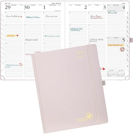 POPRUN 2026-2027 Academic Planner, Large Size 8.5" x 10.5", Weekly and Monthly Calendar, July 2026 to June 2027, Hardcover Appointment Book with Verital Layout, Hourly Time Slots, Monthly Tabs - Light Pink