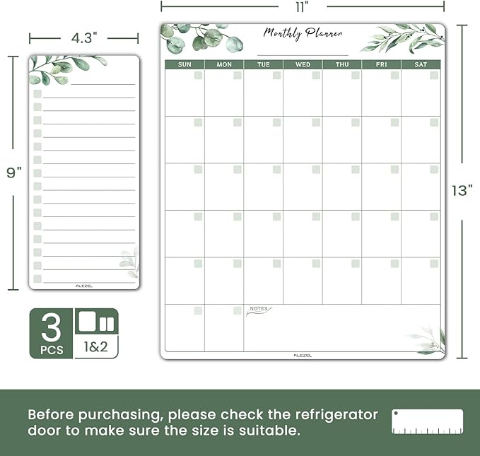 ALEZEL Dry Erase Calendar for Refrigerator, Greenery Magnetic Fridge Calendar Whiteboard - Set of Vertical Monthly Dry Erase Calendar for Fridge & 2 List Board, 4 Markers + Eraser