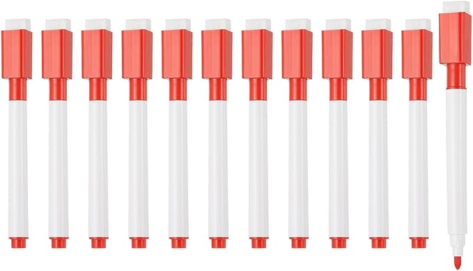 PATIKIL Whiteboard Pen, Fine Tip Dry Erase Red White Board Markers with Eraser Whiteboard Calendar Supplies for Classroom Office, 12 Pcs, 0.5-1mm Tip