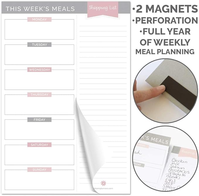 bloom daily planners Weekly Meal Planning Pad - Magnetic Hanging Refrigerator Menu Planner with Tear-Off Sheets & Perforated Grocery Shopping Lists - 6” x 9” (Grey & Pink)