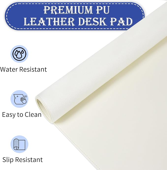 Large Desk Mat 35.4" x 17", PU Leather Desk Pad Protector, Non-Slip Large Mouse Pad for Desk, Waterproof Computer Desk Mat, Office Desk Pad for Keyboard Mouse, Desk Writing Mat (Ivory White)