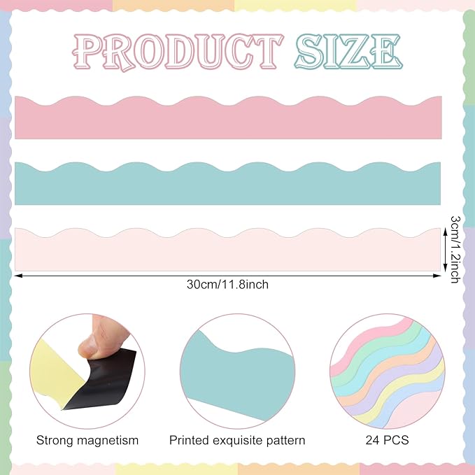 Qeeenar 24 Pcs Magnetic Borders for Classroom Bulletin Board Borders Magnetic Whiteboard Classroom Strips for Office Chalkboard Decoration(Macaron Color)