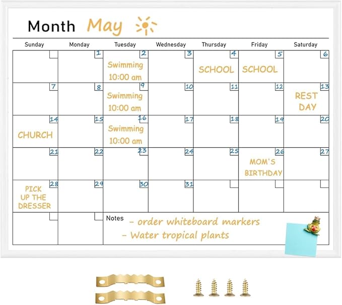 Umtiit Monthly Calendar Dry Erase Whiteboard17.7 x 23.6 inch(45 x 60 cm), White Wood Frame, Magnetic Surface Whiteboard for Planning/Schedule/School Timetable/Memo(WH-4560C,US)