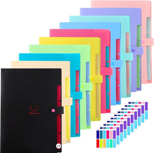 Expanding File Folders with 5 Pocket,A4 Letter Size Accordion Document Organizer,Plastic Expandable File Folder with Snap Closure, 120 Labels in 12 Colors for Office Supplies, Pack of 10