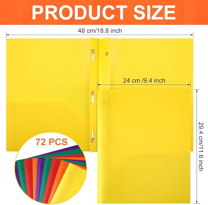Cholemy 72 Packs Pocket Folders with Prongs Heavy Duty Plastic Folder with Business Card Slot 3 Prong Fasteners for School Office (Classic)