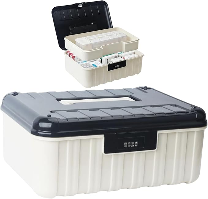 Saim Lockable Storage Box with Resettable Combination Lock, Plastic Trunk with Handle for Home, Office, Travel, Documents, Jewelry, Medicines, Snacks, Cell Phone Smart Device (Black-Large)