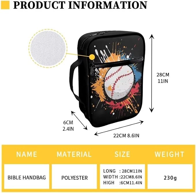 Coldinair Baseball Bible Cover for Kids Boy,Color Splatter Bible Case Bible Carrier Carrying Organizer Purse Handbag with Zipper Pockets Church Bag