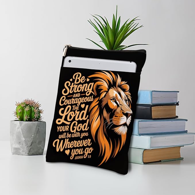 Christian Lion Book Sleeve, Book Lovers Gifts Sleeve with Zipper & Front Pocket, 11.4x8.8 Inch Canvas Books Cover Protector Bookish Bible Gifts for Readers Librarian Women Teacher
