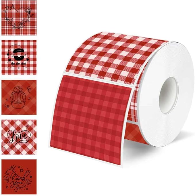 Thermal Labels Stickers 2" x 2", Red Self-Adhesive Waterproof Square Christmas Direct Thermal Labels Stickers, Perforation Line Design- 300 Sheets