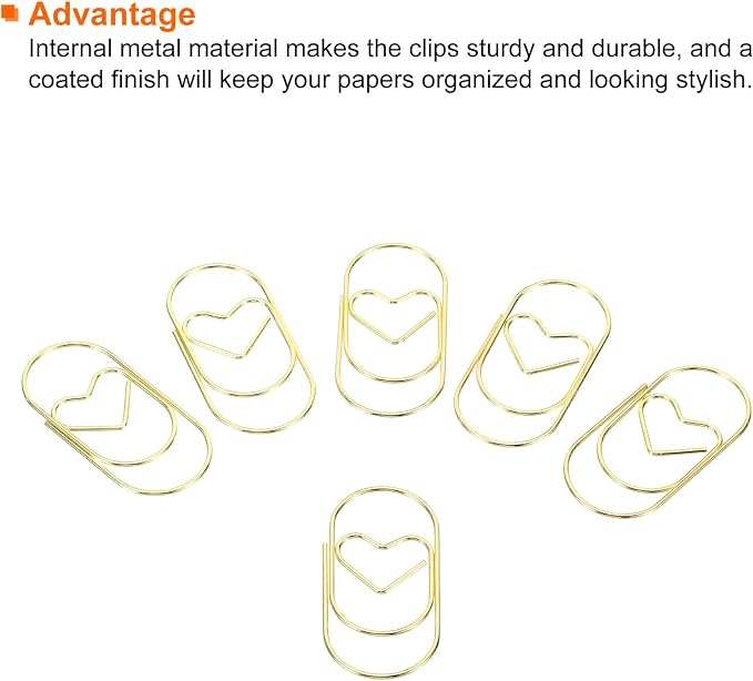 MECCANIXITY Paper Clip Heart-Shaped Cute Decorative Fun Clips Bookmarks 2 Inch Gold Tone for Organize Office Home, Pack of 50