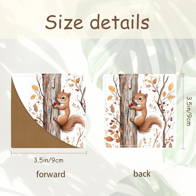 2PCS PU Leather Bookmarks 3.5x3.5 Inch Squirrel Autumn Tree Design | PU leather bookmarks with squirrel autumn tree design for novels, reading notes, planners, students, teachers and book fans