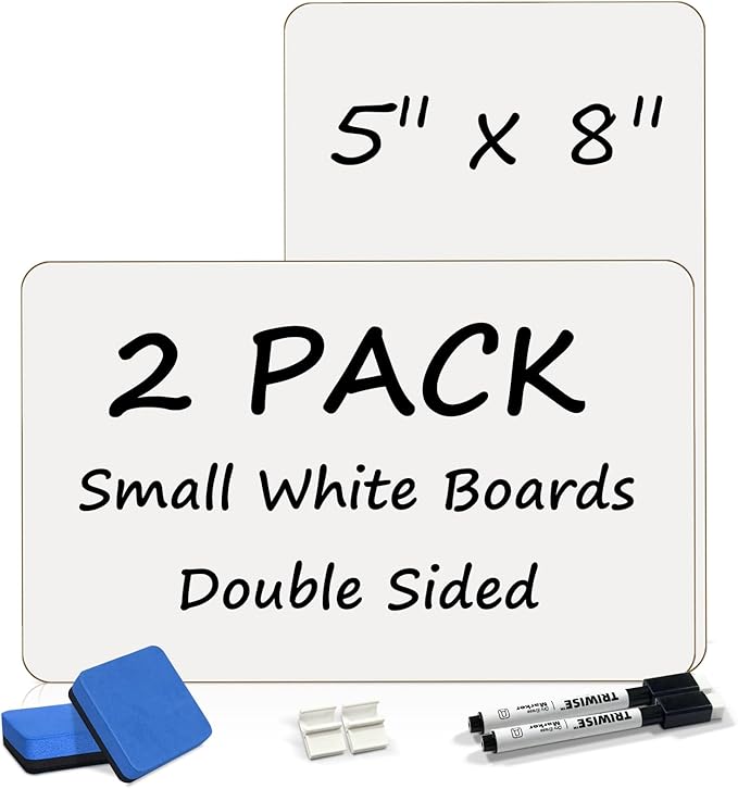 Portable Small White Board 5"x8" for Students, Personal Whiteboard Mini Lightweight Double Sided, Dry Erase Board for Kids Classroom, Individual Lapboards for Teaching with Erasers and Markers (2Pack)