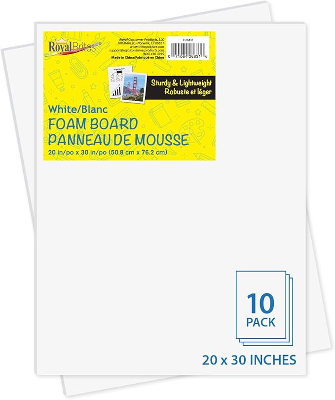 Royal Brites White Foam Board Sheets - 20 x 30 Inches - Pack of 10 - Ideal for Crafting, Presentations & School Projects - Durable & Lightweight - Easy Cut Display Boards for Home & Office Use