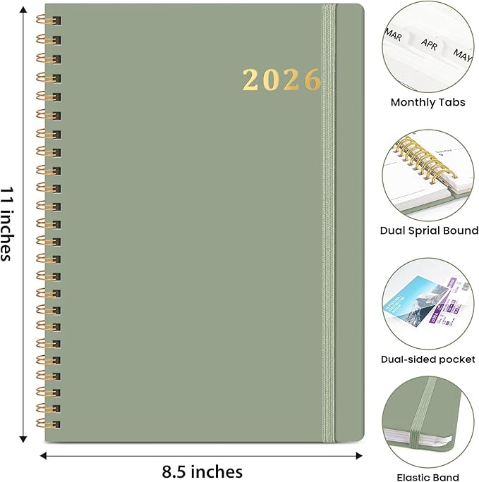 2026 Planner 8.5" x 11", Weekly and Monthly Calendar Planner Book, January 2026 - December 2026, Hardcover Spiral Planner with Monthly Tabs, Notes Pages, Perfect for Women & Men, A4 - Green