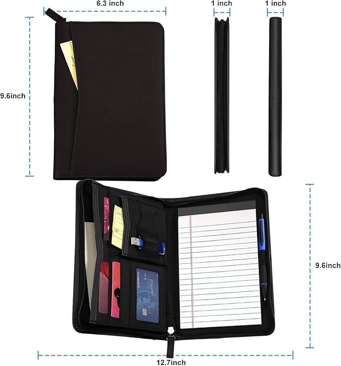 Lcjtop Junior Business Padfolio - A5 PU Leather Portfolio Binder & Zippered Binder Folder with 5 x 8 Writing Pad and Interior Storage Pocket Executive Business Organizer for Men Women,Black