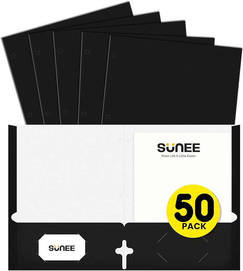 SUNEE Folders with Pockets 3 Hole Punched(50 Pack, Black), 2 Pocket Folders Fit Letter Size Paper, Paper File Folder for School Office Home Business