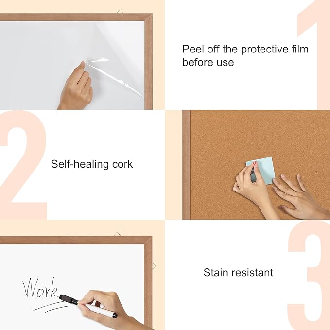 Combination Magnetic Whiteboard Cork Bulletin Board, 36x24 Inches Combo Dry Erase White Board Cork Pin Board for Wall with Natural Wood Frame…