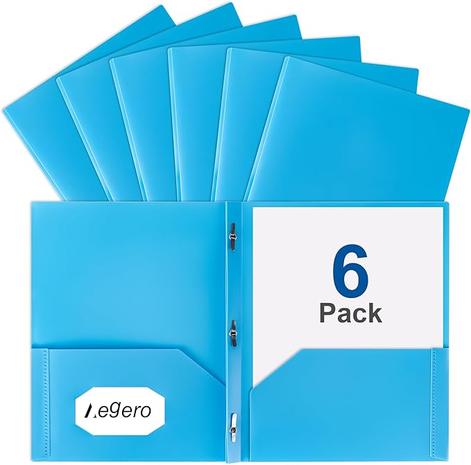 Aegero Folders with Pockets and Prong with Fasteners (6 Pack,Sky Blue),Durable Plastic Pocket Folders with Prongs,Tear Resistant,2 Pocket 3 Prong Folders for Schoolwork & Office,Letter Size