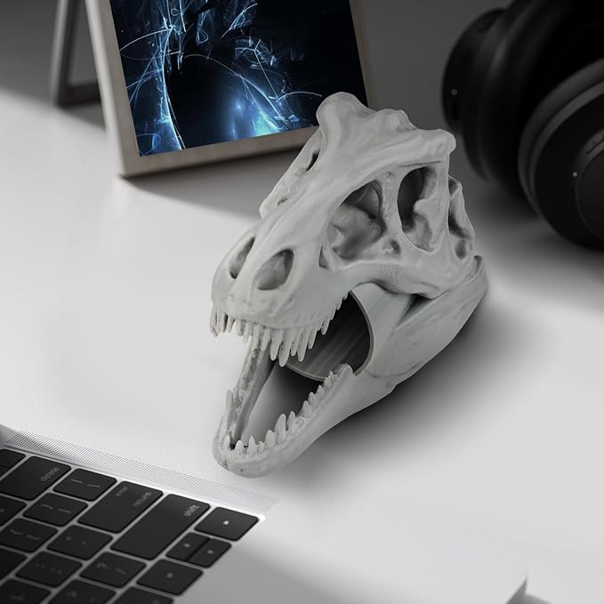Cool Dinosaur Pen Holder, Dinosaur Skull Figurine Pencil Holder for Office Desk Decor, Funny Easter Gifts for Men and Boys, Grey T-Rex Desktop Organizer