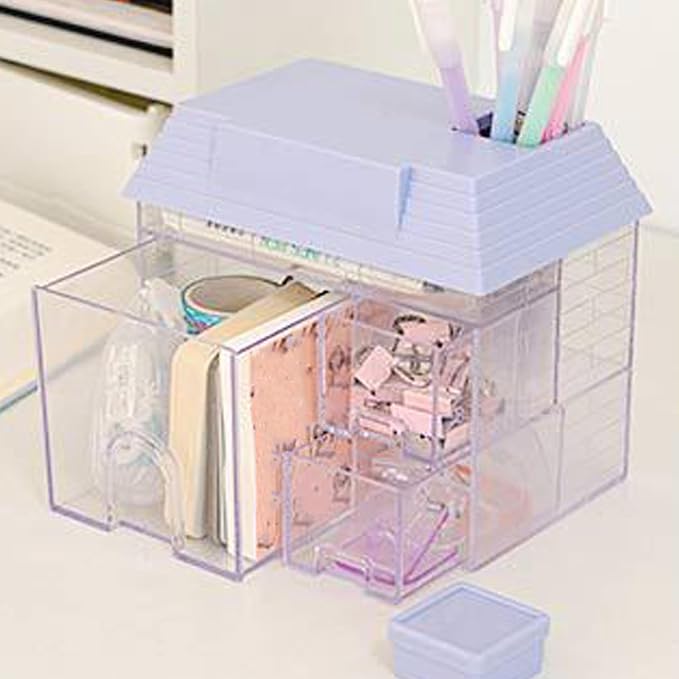 Desk Organizer with Drawers, 3 Drawers Storage Organizer, Creative House Shaped Desktop Storage Drawers Stationary Organizer for Home Dormitory Office (Purple)