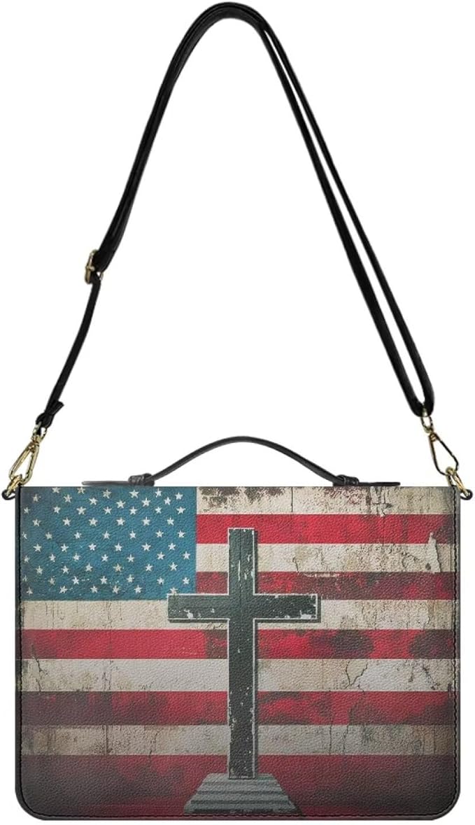 PU Leather Bible Carrying Case for Men, Medium Bible Cover with Strap and Handle, God Bless America Vintage Print Book Organizer with Inner Pockets and Pen Loop, Biblia Study Supplies