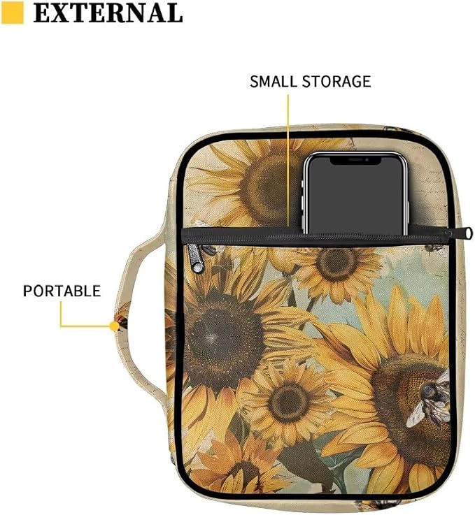 Coldinair Vintage Sunflower Bible Cover Case for Men Teen,Bible Bags Book Covers Kids Scripture Carrying Case with Handle and Pocket,Bible Book Carrying Case Tote Handbag