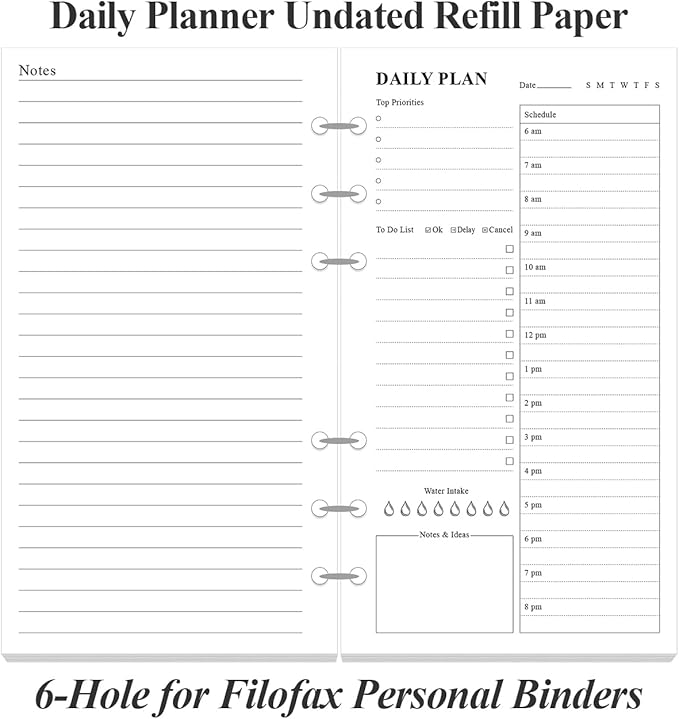 A6 Undated Daily Planner Refill - To Do List for Filofax Personal Binders, 80 Sheets/160 Pages Planner and Lined Refill, 6-Hole Punched, 3.75" x 6.75"