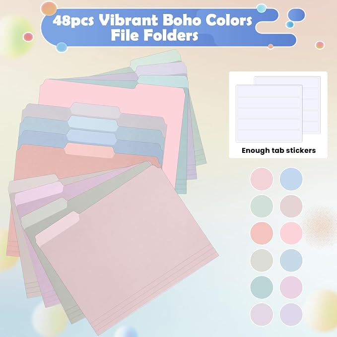 gisgfim 48 Pcs Two Tone Colored File Folders 1/3 Cut Tab Letter Size Manila File Folder with Tabs Decorative Assorted Position File Folders for Office School Business Home Organizer (Pastel)