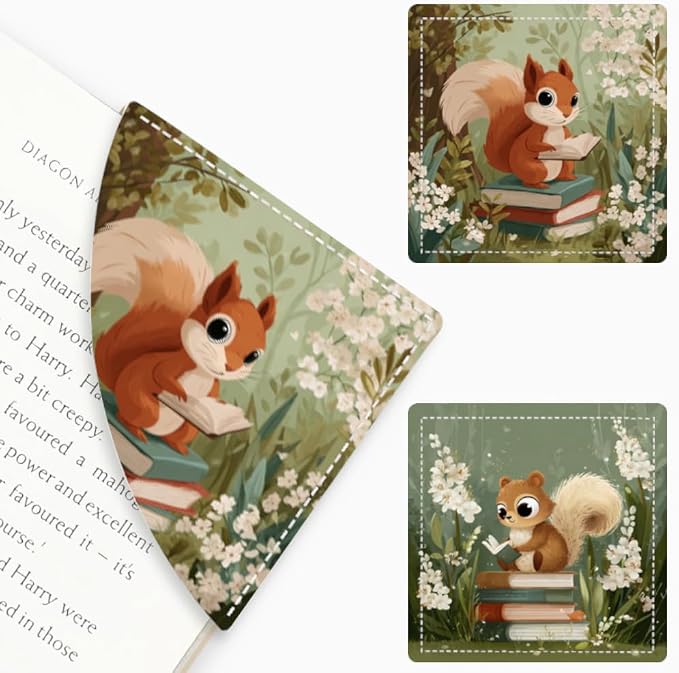 2PCS PU Leather Bookmarks 3.5x3.5 Inch Squirrel Floral Reading Design | PU leather bookmarks with squirrel floral reading design for story books, journals, study notes, young readers and book fans