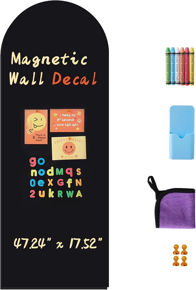 Arch Magnetic Wall Decal 47.24" x 17.52", Magnet Chalkboard for Wall, Magnetic Chalk Board Sticker, Chalk Wallpaper Peel and Stick for Playroom Classroom with Chalks, Wiping Cloth (Black)