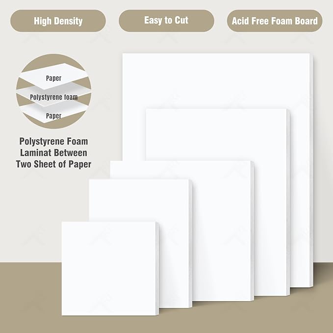 Golden State Art, Acid Free 5 Pack 8x10 White Foam Boards Foam Core Poster Board, 1/8'' Thick Polystyrene Foam Sheet for Projects, Mounting, Crafts, Art and Presentations