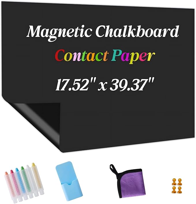 Magnetic Chalkboard Contact Paper Adhesive 17.52" x 39.37", Magnetic Chalkboards for Wall, Peel and Stick Wall Decal for Classroom Home Includes Dustless Chalks and Wiping Cloth
